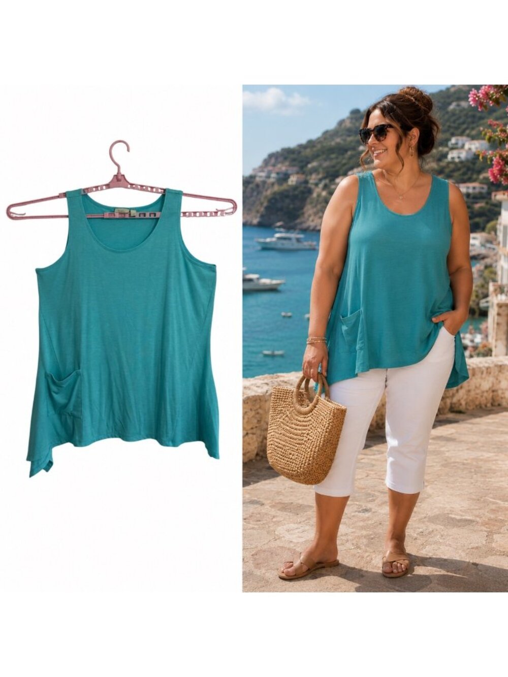 Logo Lounge Turquoise Sleeveless Asymetric Tunic Tank With Pocket US XL